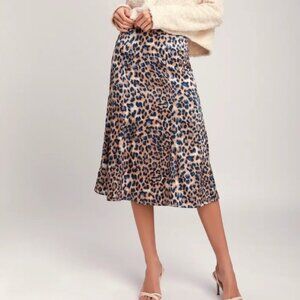 Lulu's Women's Leopard Print Satin Midi Skirt - Medium